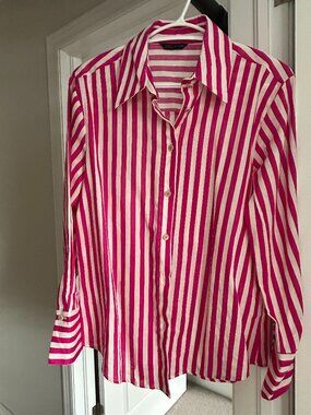 Zara Fuchsia & White Striped Linen Blend Button-Down Shirt XS